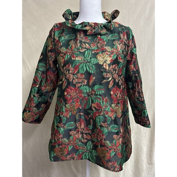 Shop the Mint Metallic Floral Holiday Top Bow Tie Neck Blouse Green Red Small - Picture 2 of 14